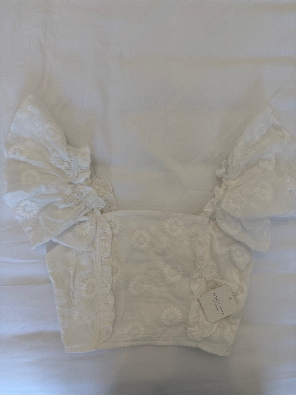 Altar'd State White Embroidered Ruffle Crop Top